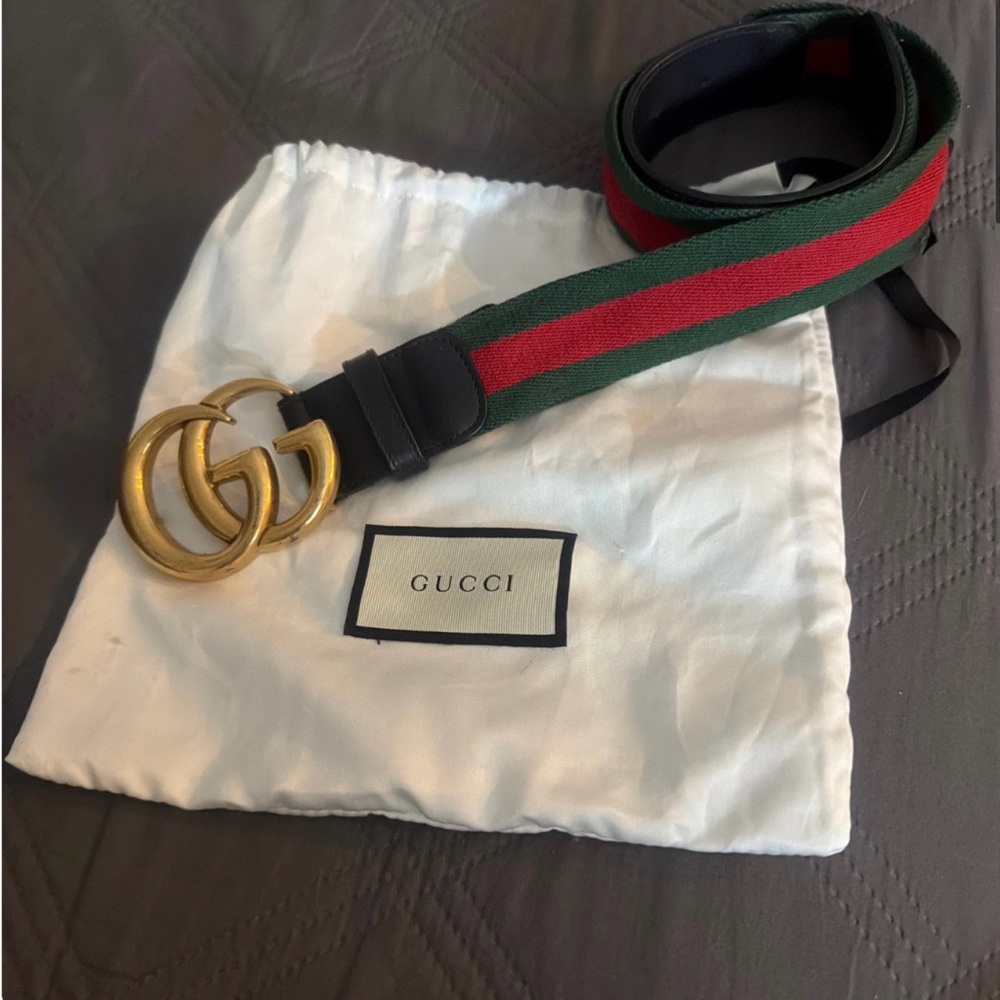 Gucci Black Leather Web-Trim Belt green red green marmont authentic $570